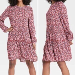 Knox Rose Paisley tiered red Dress Long sleeve Size S boho peasant cottagecore